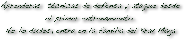 Aprenderas  técnicas de defensa y ataque desde el primer entrenamiento.
No lo dudes, entra en la familia del Krav Maga